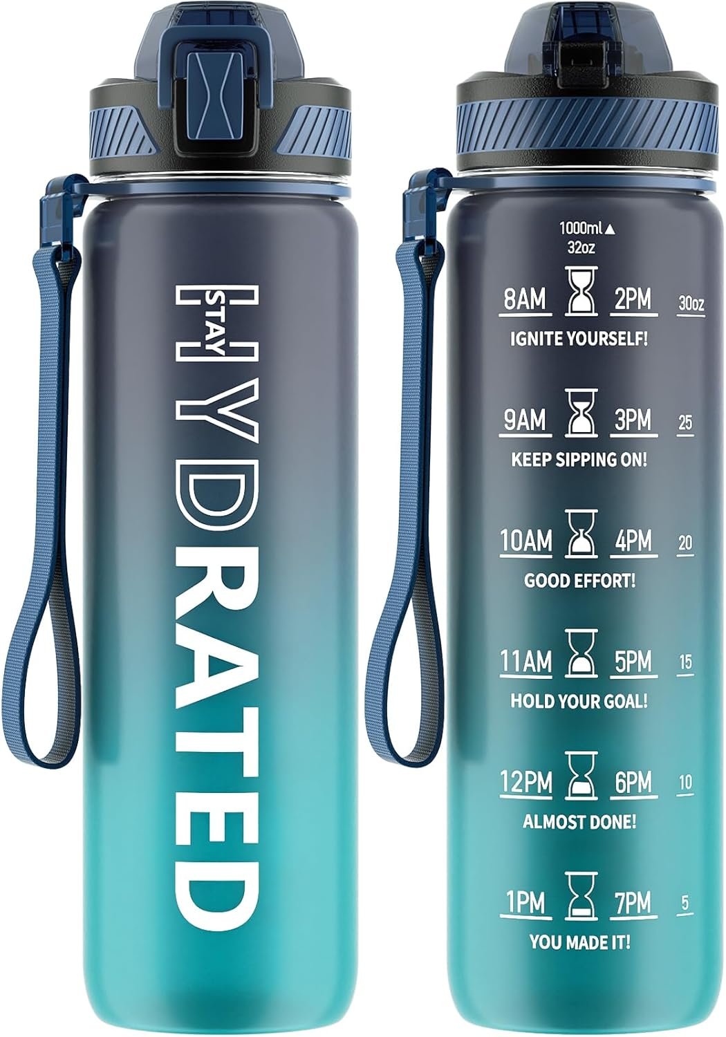 Water Bottle with Straw, 32oz Motivational Water Bottles with Time Marker to Drink, Tritan BPA Free, 1L Sports Water Bottle with Carry Strap LeakProof for Women Gym Fitness Outdoor (1 Pack) - Image 2