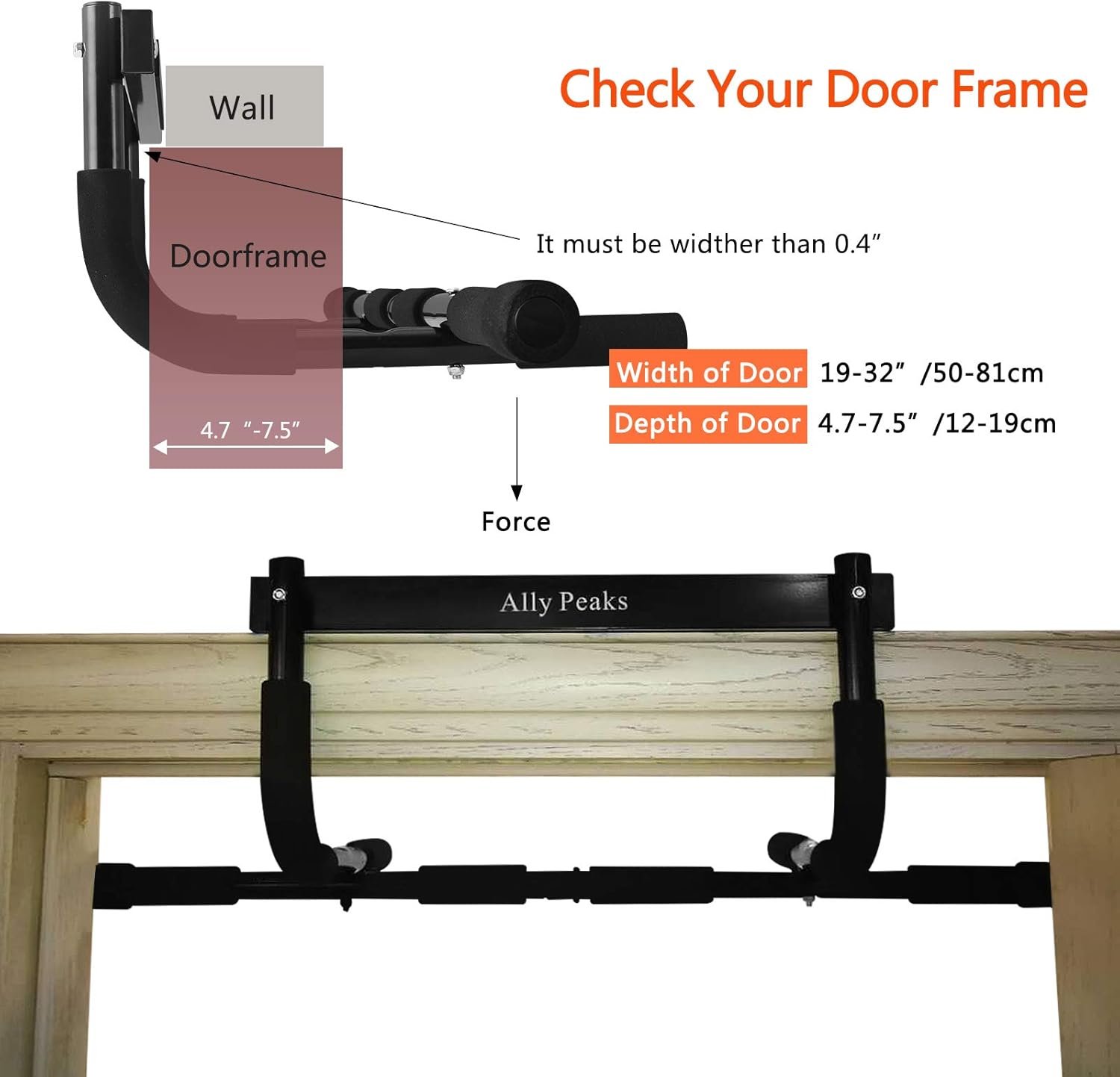 Ally Peaks Pull Up Bar for Doorway | Thickened Steel Max Limit 440 lbs Upper Body Fitness Workout Bar| Multi-Grip Strength for Doorway | Indoor Chin-Up Bar Fitness Trainer for Home Gym Portable - Image 5