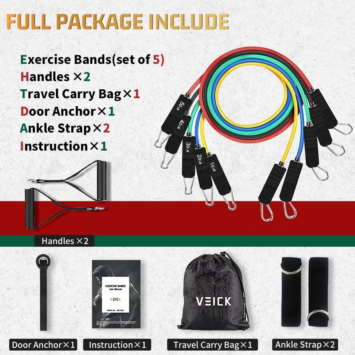 VEICK Resistance Bands, Exercise Bands, Workout Bands Set for Working Out with Handles for Men Women, Elastic Exercising Bands for Fitness Weights Work Out at Home Gym - Image 3